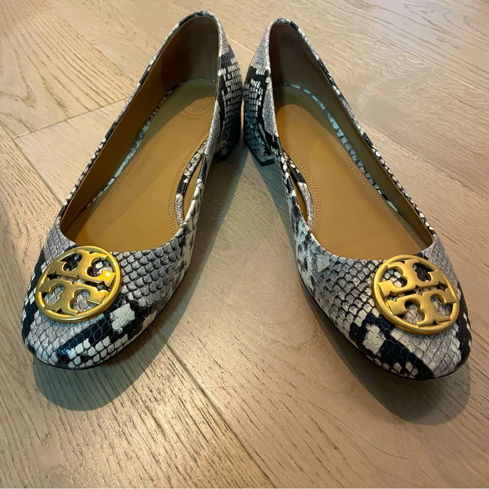 Tory Burch Logo Snakeskin Print Leather Heels